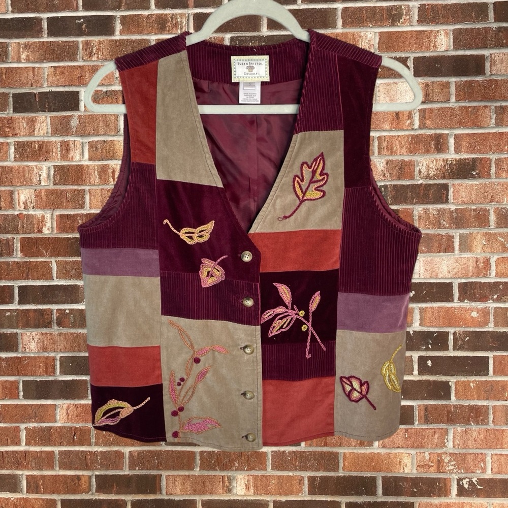 Vtg 90s Autumn Fall Corduroy Embroidered Patchwork Leaves Small Oversized Vest